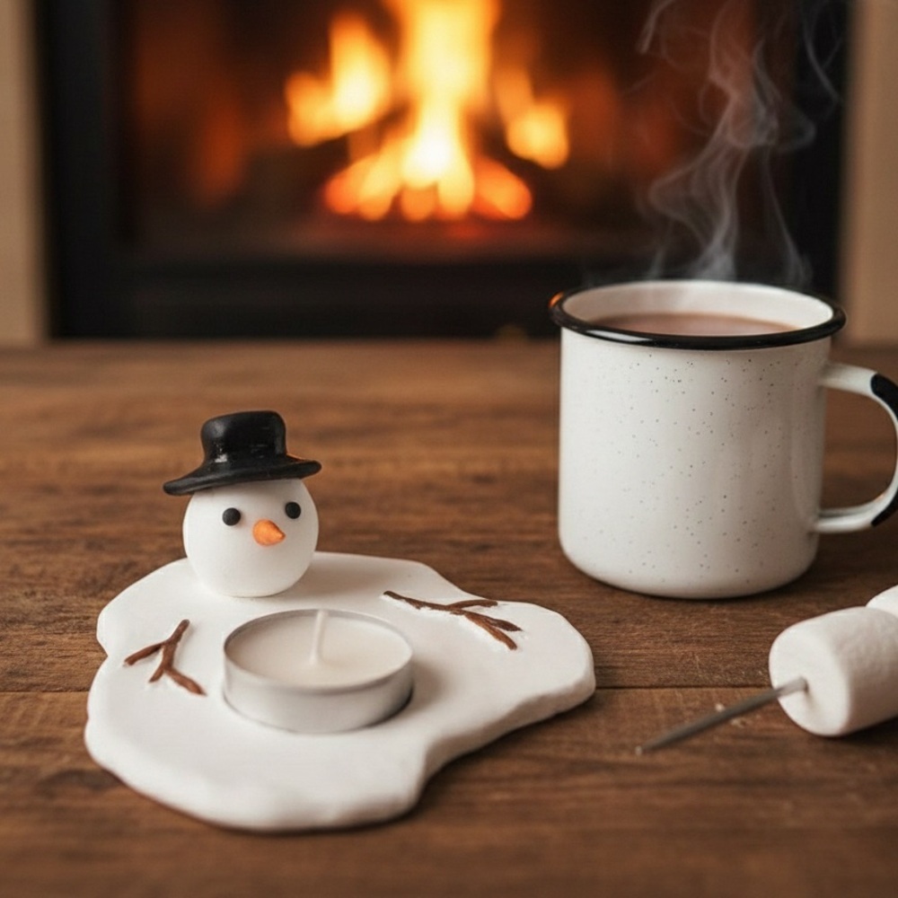 Melted Snowman Tealight Candle Holder - Handmade - White - Picture 2 of 3